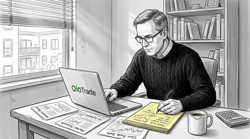 Trader reviewing commodities on home office desk