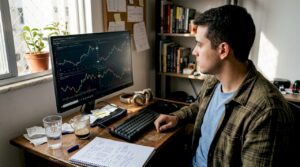 Operador de mercado concentrado, analisando gráficos em meio à bagunça do seu escritório em casa.