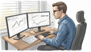 Trader checking charts in small corner office