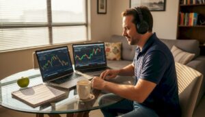 Investidor analisando gráficos de forex em casa