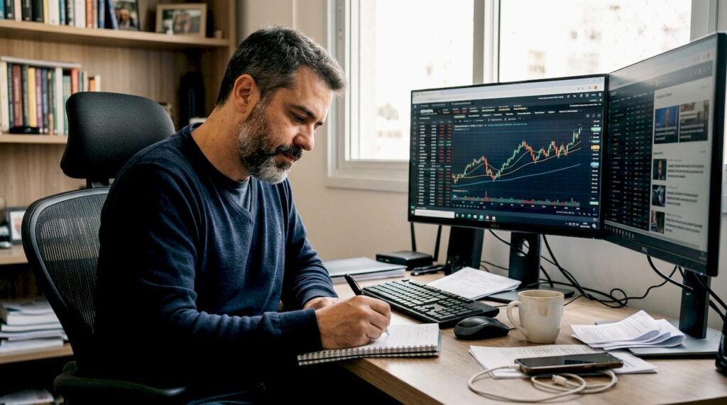 Profissional do mercado financeiro acompanha os gráficos direto de casa