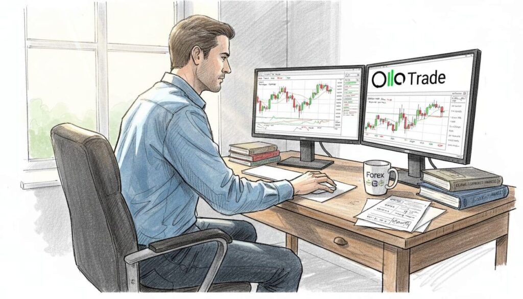 Man trading Forex at home office desk