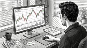 Man tracking trading volume on chart at desk