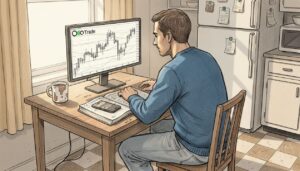 Forex trader tracking charts in kitchen workspace