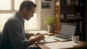 Homem organizando sua estratégia de trading no home office