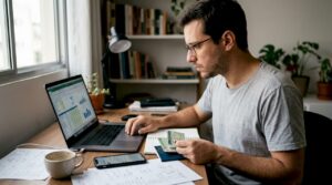 Homem conferindo os extratos de saque no conforto de casa