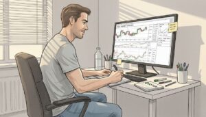 Man checking forex charts and notes in home office