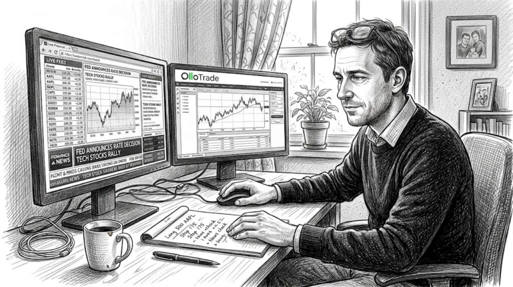 Trader checking market news in home office