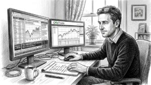 Trader checking market news in home office