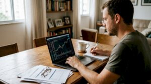 Pessoa investindo analisa gráficos e indicadores do mercado pelo notebook, no conforto de casa.