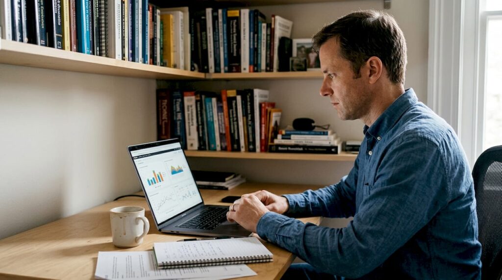 Homem acompanhando gráficos de investimentos no computador em casa