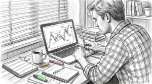 Trader reviewing chart patterns on laptop