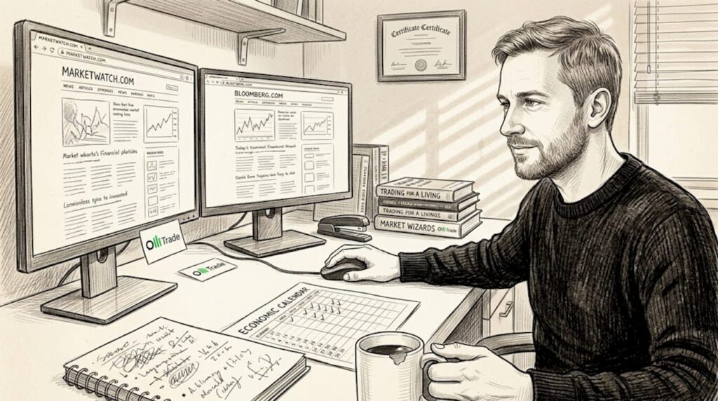 Trader reviews live market news at desk