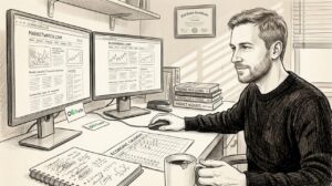 Trader reviews live market news at desk