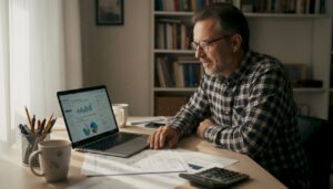 Profissional analisa gráficos enquanto trabalha de casa