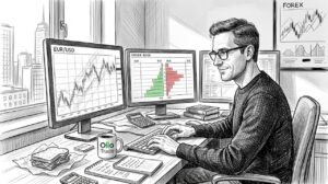 Forex trader watching multiple screens at desk