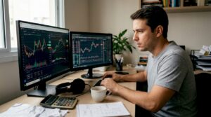 Profissional do mercado financeiro acompanhando gráficos de câmbio enquanto trabalha de casa