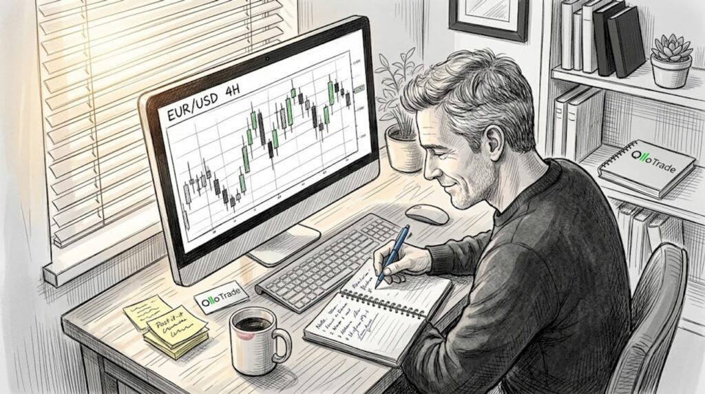 Trader studying charts in home office