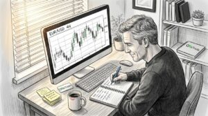 Trader studying charts in home office