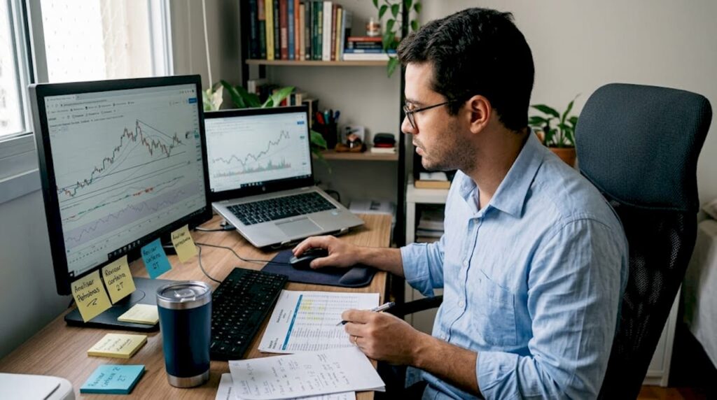 Pessoa analisando gráficos de investimentos no conforto de casa