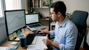 Pessoa analisando gráficos de investimentos no conforto de casa