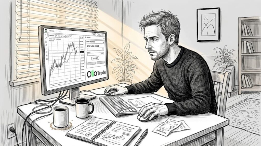 Trader adjusting stop-loss at home workspace