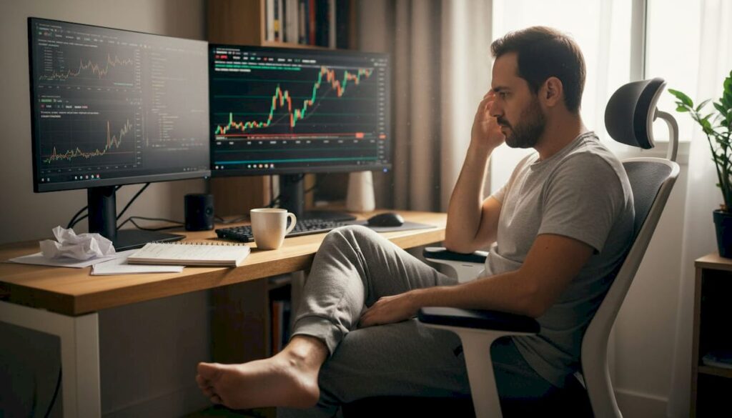 Homem acompanha gráficos de investimentos enquanto trabalha em casa