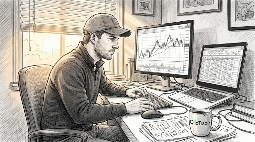 Trader at home office reviewing charts