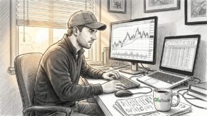 Trader at home office reviewing charts