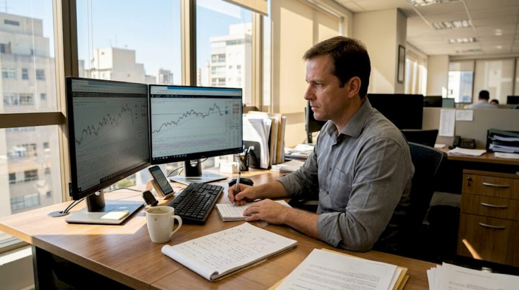 Profissional de finanças analisa gráficos no ambiente de trabalho
