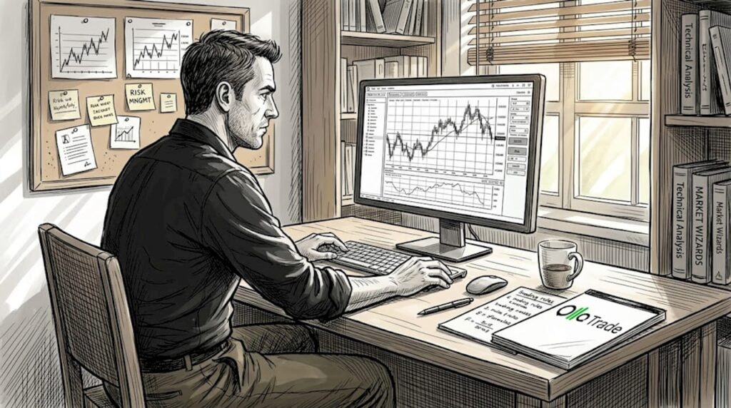 Trader working in everyday home office setup