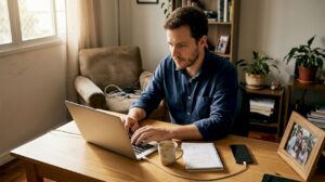 Homem trabalhando de casa e avaliando indicadores financeiros no computador