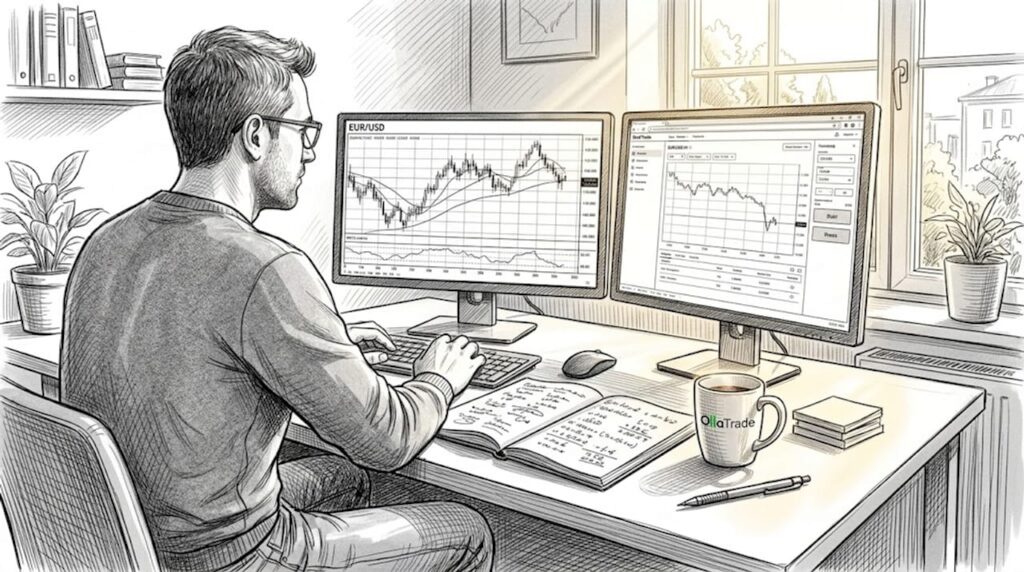 Forex trader reviews currency charts at desk