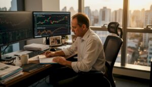 Profissional avaliando projeções de gráficos no escritório