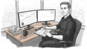 Trader reviewing index charts in a corner office