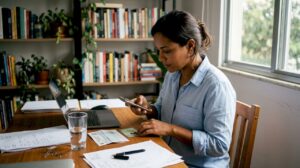 Mulher tira foto do RG enquanto trabalha em casa