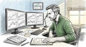 Trader studying charts at home office desk