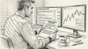 Trader reviewing forex checklist at home desk