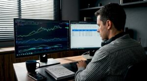 Investidor acompanhando gráficos e indicadores técnicos no computador de casa