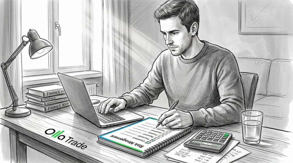 Home office trader reviewing printed risk plan