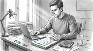 Home office trader reviewing printed risk plan