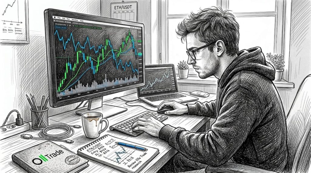 Man trading cryptocurrency at home desk