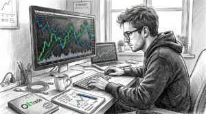 Man trading cryptocurrency at home desk