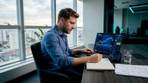 Profissional do mercado financeiro acompanhando gráficos no computador em um escritório bem iluminado