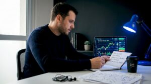 Profissional do mercado financeiro analisando contratos futuros enquanto trabalha de casa