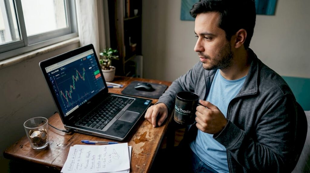 Homem começando a investir, analisando gráficos financeiros enquanto trabalha de casa