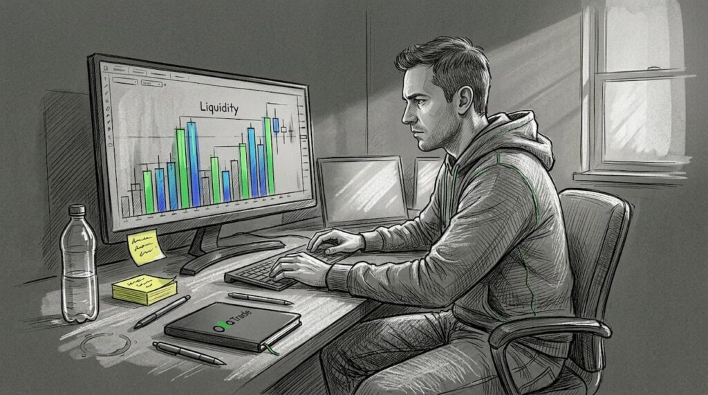 Trader reviewing market liquidity charts
