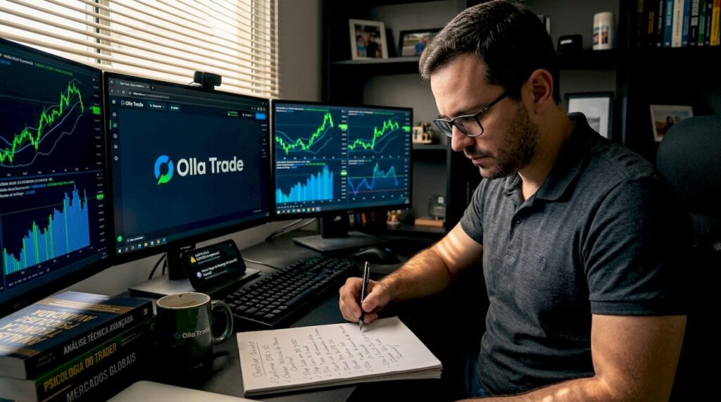 Investidor analisando gráficos no escritório de casa