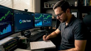 Investidor analisando gráficos no escritório de casa