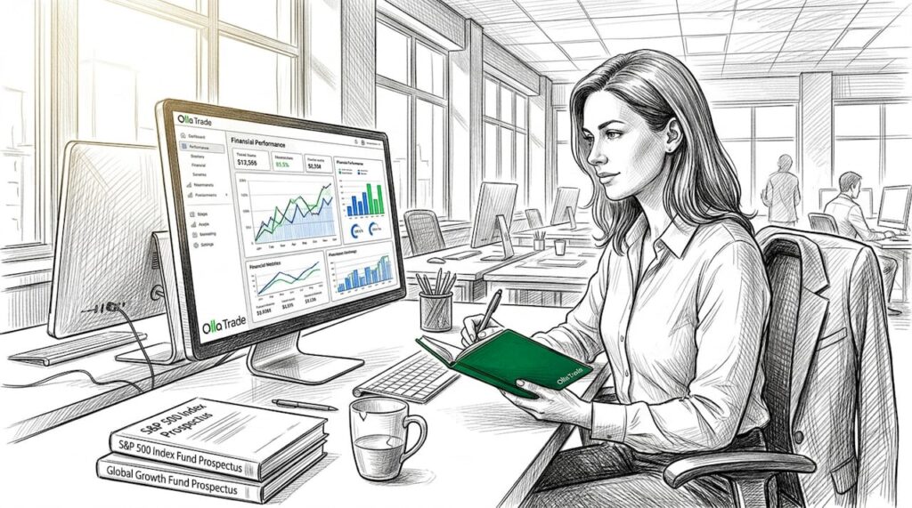 Woman analyzing index-related data at desk
